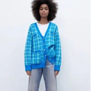 📍FIRM📍Bloggers Fav Zara Blue Plaid Knit Long Cardigan/Jacket NWT